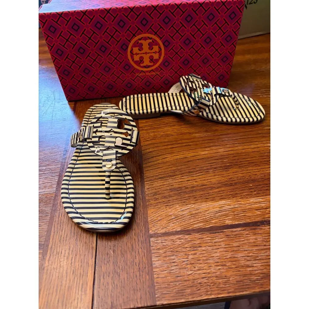 Tory Burch Miller Sandals Size 6 Navy Nautical Striped Patent Leather Thong